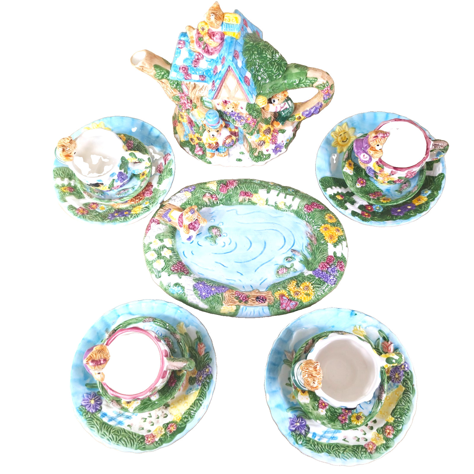Rare VTG 1996 Hand Painted Mercuries Teddy Bear Picnic Tea Set 14Pcs Service EUC