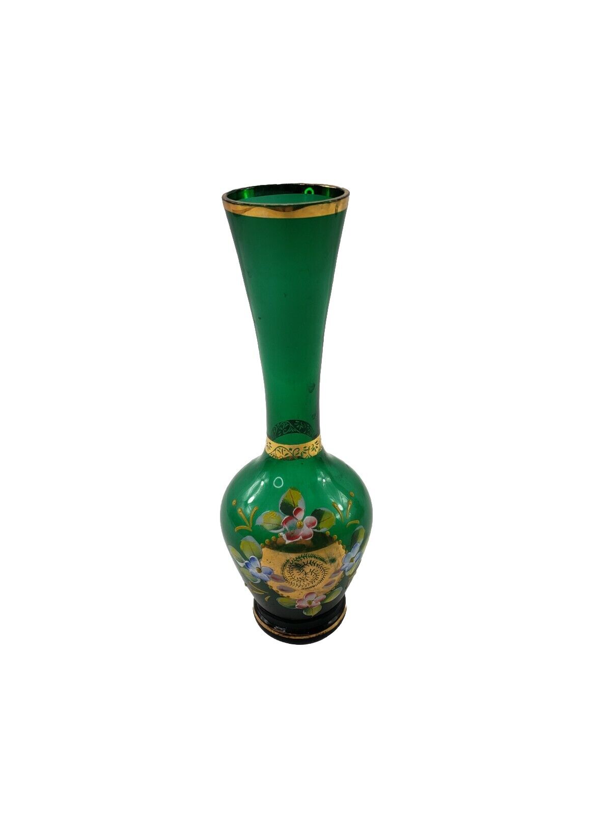 Vintage Glass Hand Painted GREEN Gold Flower Bud Vase