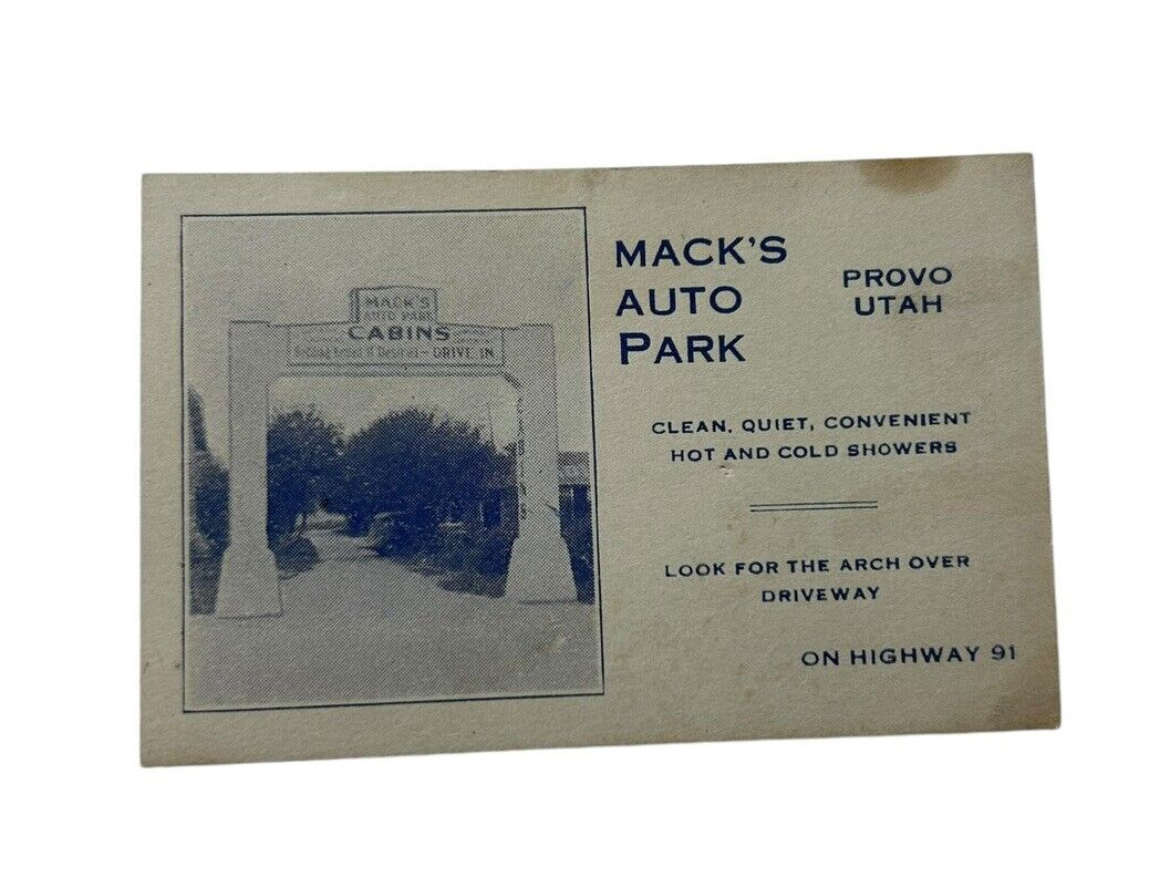 Vtg MACK\'S AUTO PARK PROVO UTAH Hot &Cold Showers Advertising Business Card RARE