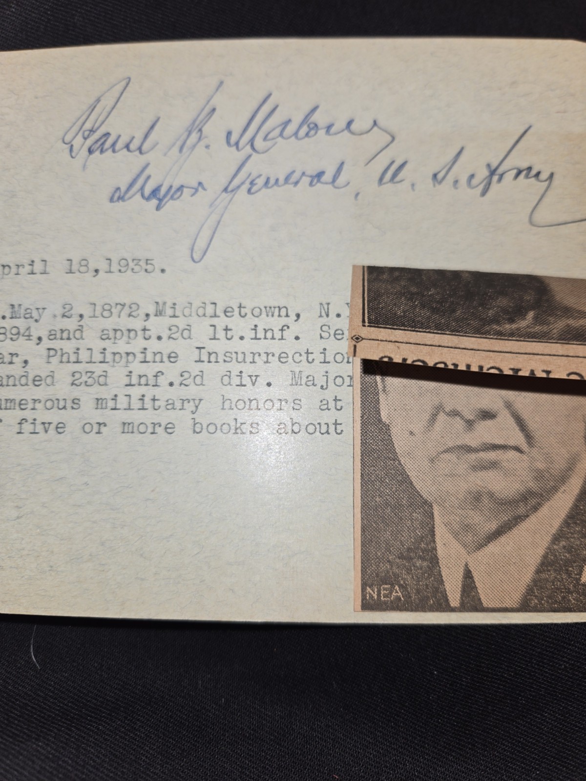 AUTOGRAPH --  Major General  Paul B. Malone  - Medal of Honor & San Juan Hill