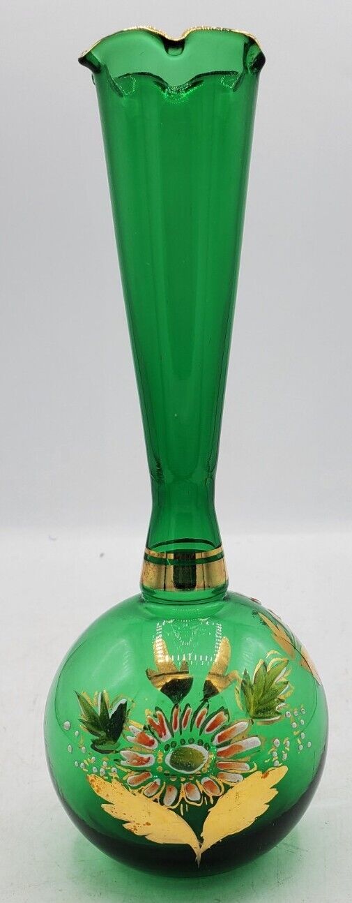 Bohemian Czech Glass Bud Vase Green Gold Trim Hand Painted Raised flowers 8\