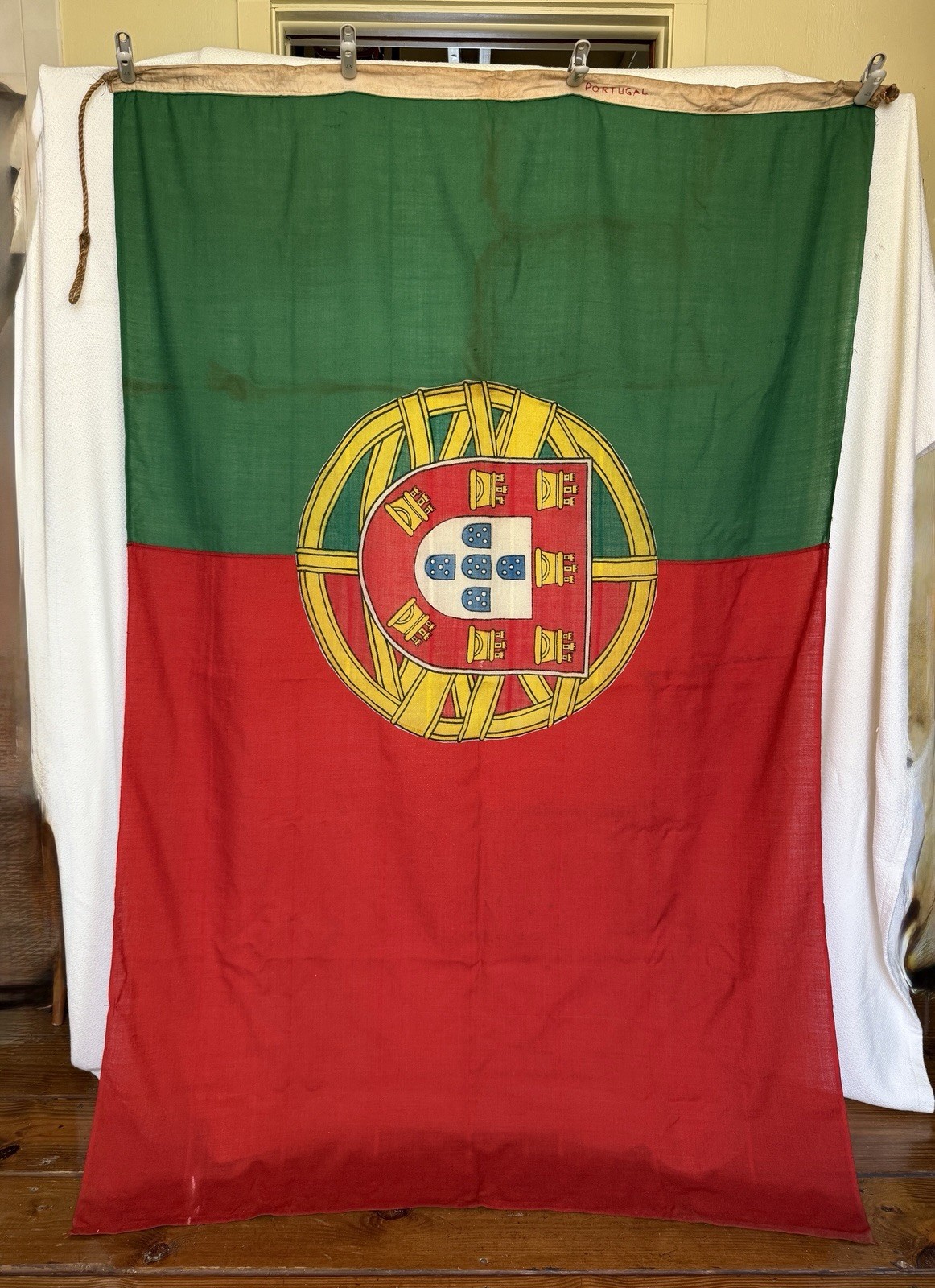 VTG Portugal Ship Flag Sewn Wool Linen Bunting Maritime Ensign 6X4 Wood Toggle