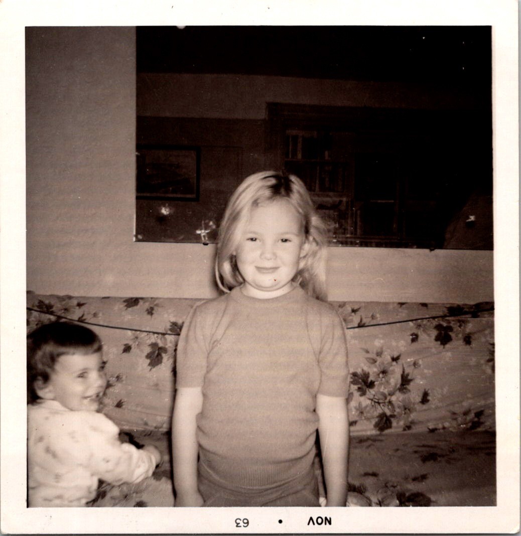 Cute Young Blonde Girl and Toddler Sibling, 1963 B&W Snapshot Photo