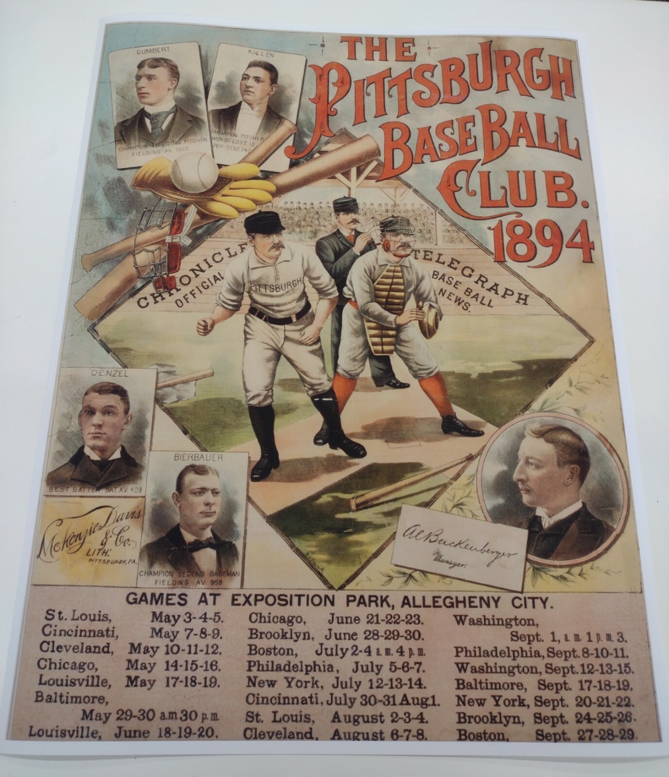 The Pittsburgh Baseball Club 1894 Poster Fantastic Item lithograph reproduction 