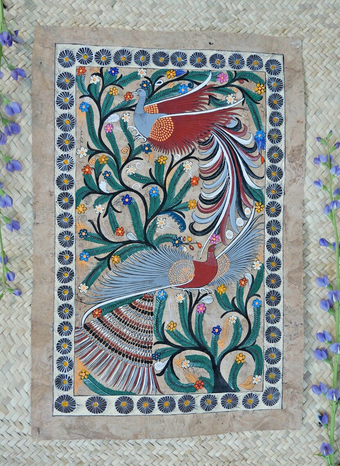 #4 Amate Bird of Paradise Bark Painting Subtle Handmade Guerrero Mexico Folk Art