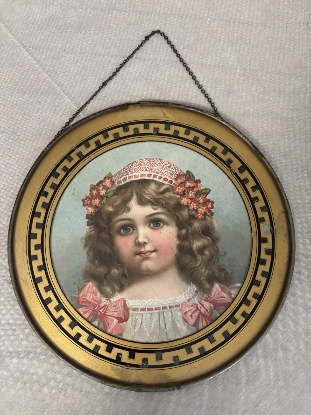 Antique Victorian Chimney Flue Cover Girl Child Portrait Period Clothing Mica