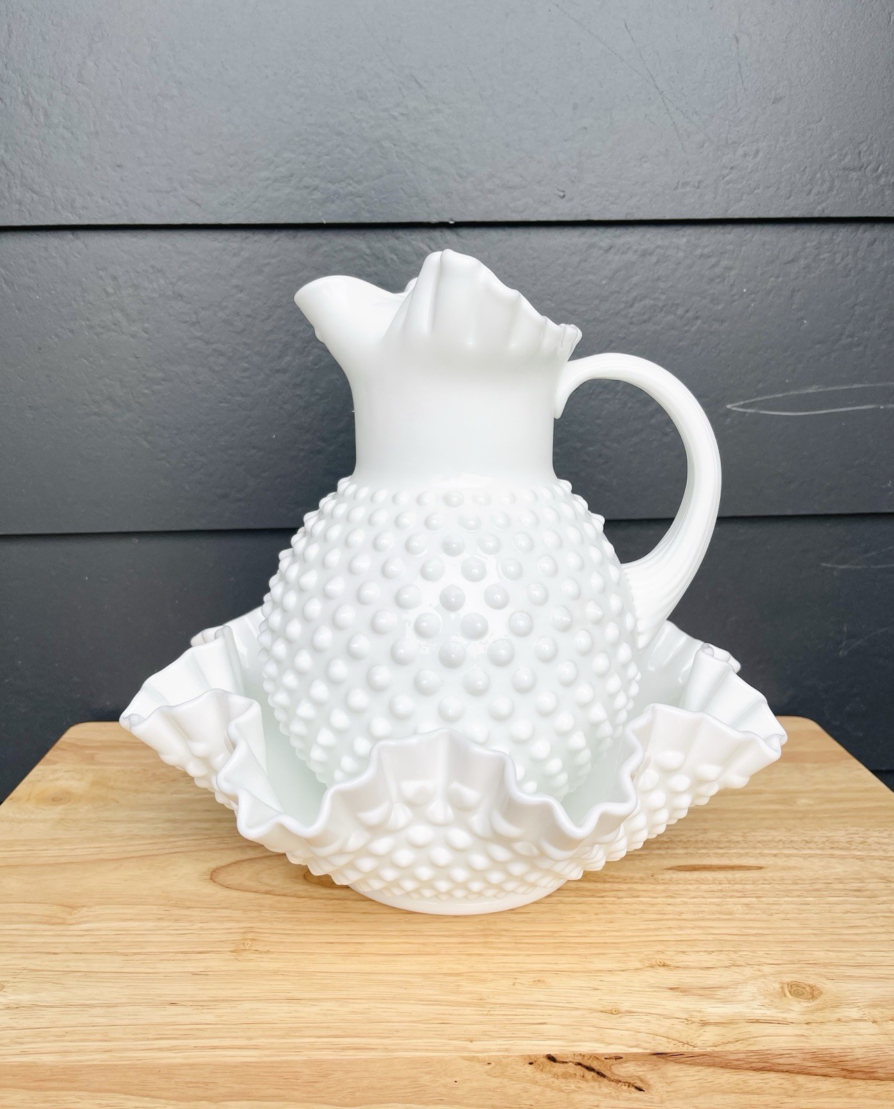 Vintage Fenton Hobnail White Milk Glass Large Bowl and Pitcher