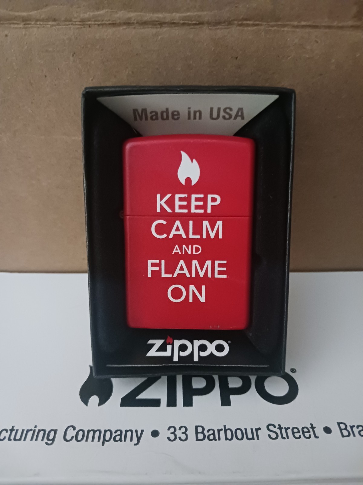Zippo Keep Calm and Flame On. Used. 2015. Matte Red Finish. 