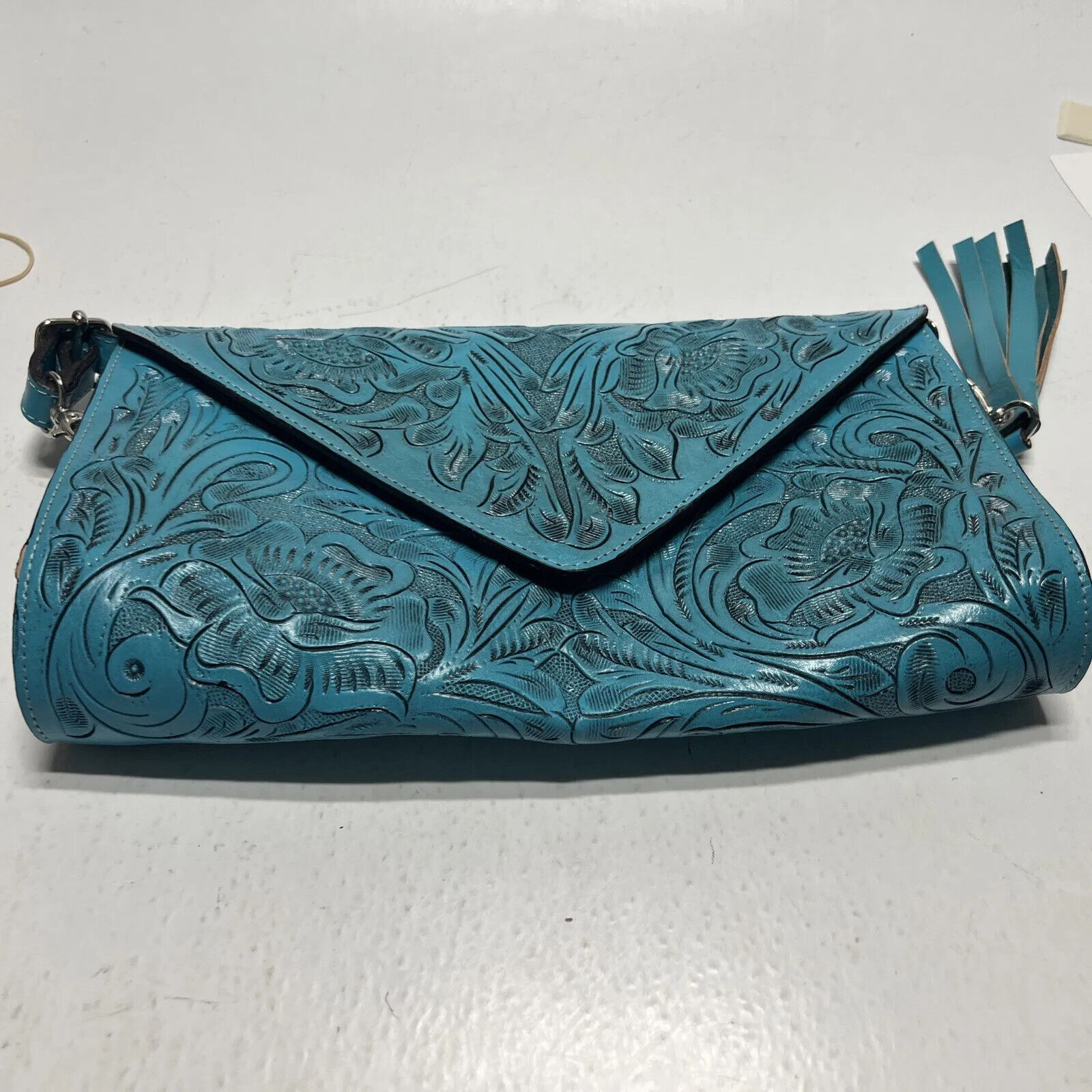 Hand Tooled Turquoise Leather Shoulder / Handbag Handmade  Mexico