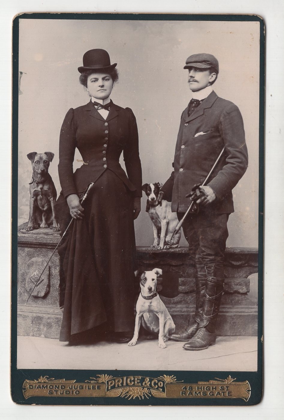 Couple 3 Dogs Terriers Equestrian Riding Habit Price & Co Ramsgate c1900s Photo
