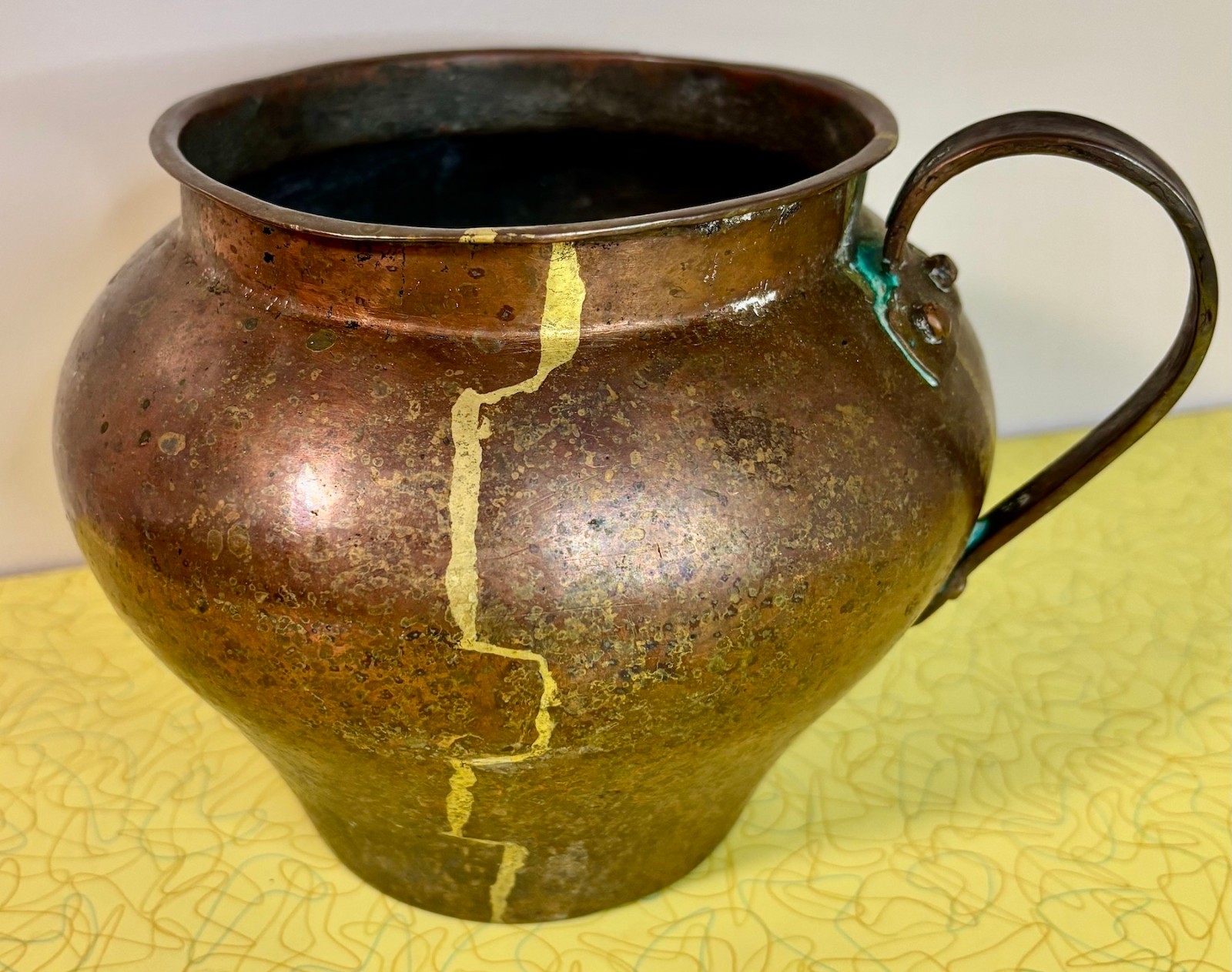 Antique Copper Pot Hand Wrought Riveted Handle Visible Brass Repairs Primitive