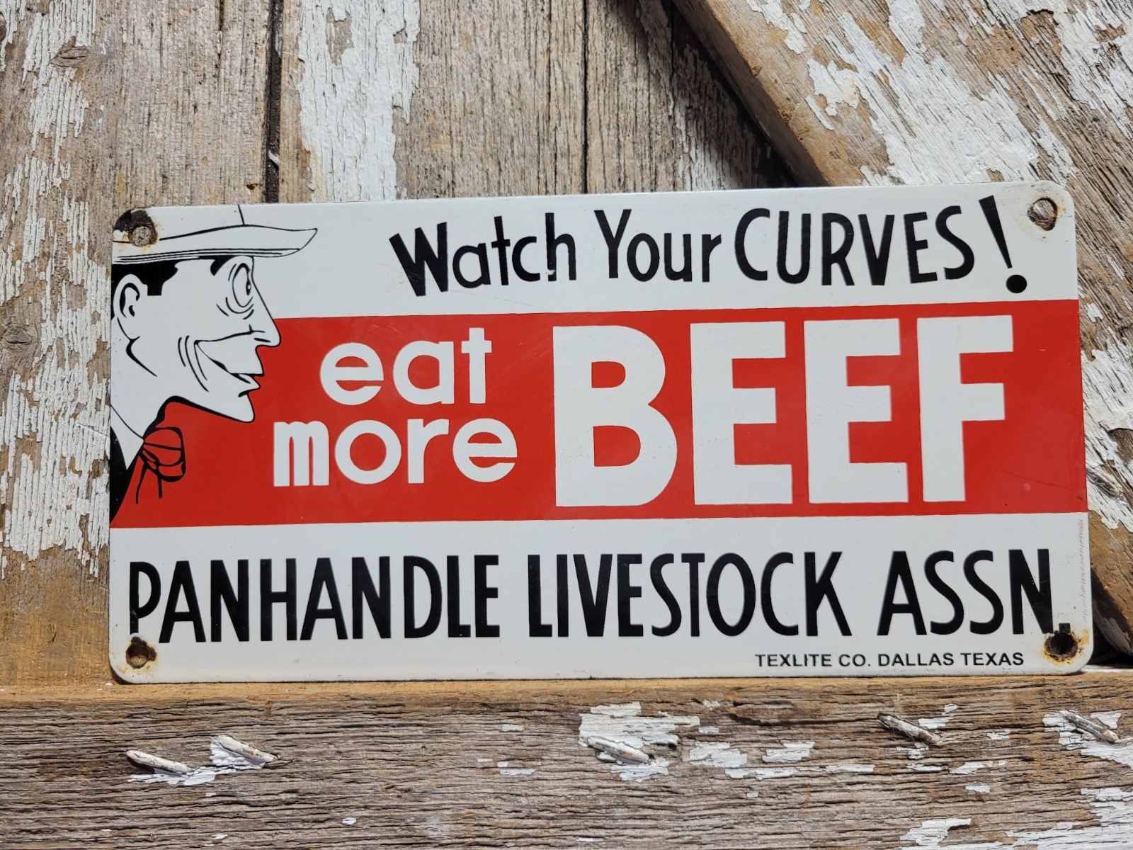 VINTAGE FARM PORCELAIN SIGN RARE OLD PANHANDLE LIVESTOCK RANCH EAT MORE BEEF COW