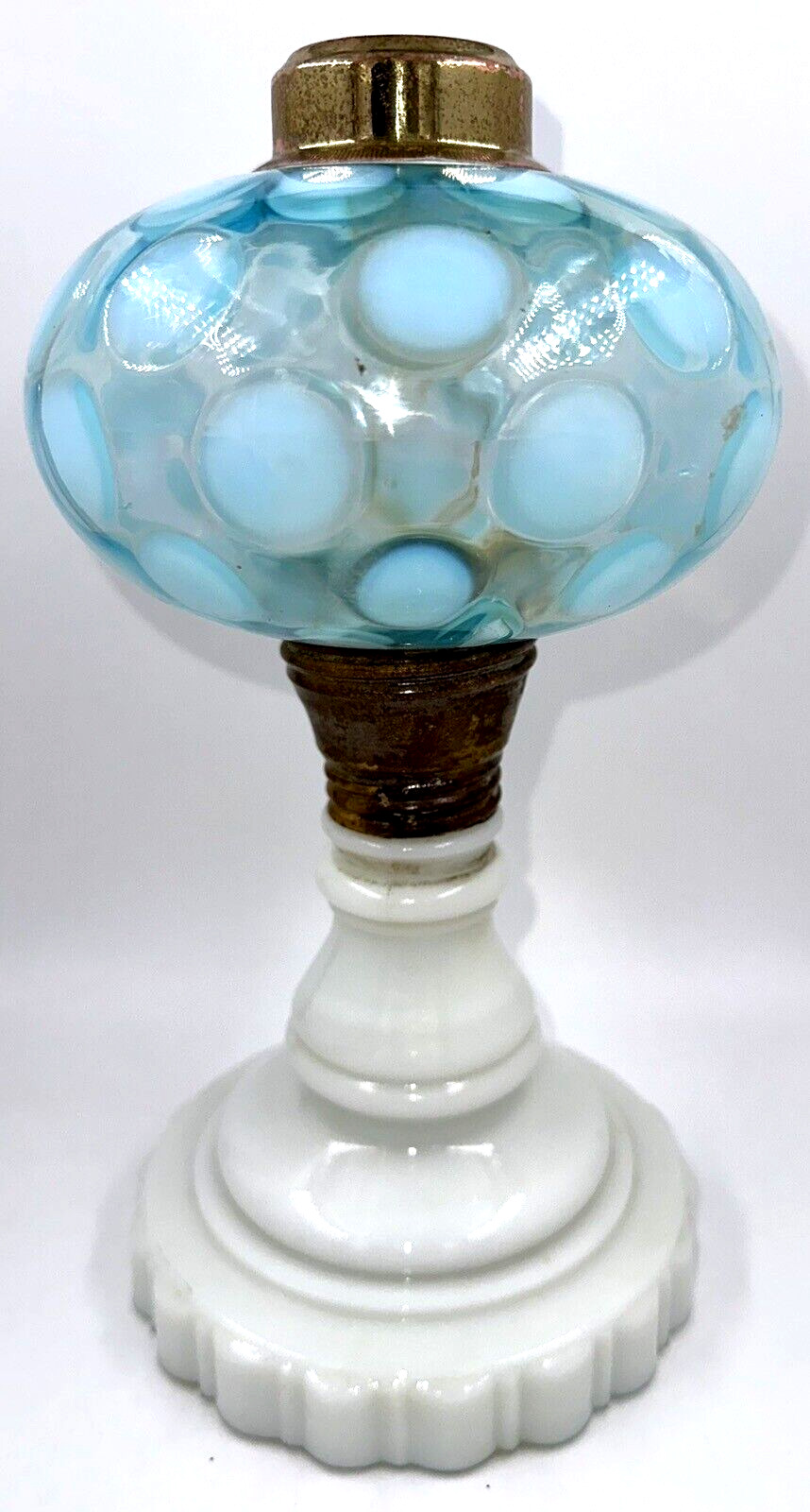 Antique Opalescent Blue Coin Spot Kerosene / Oil Stand Lamp 2 Pc Screw On Top