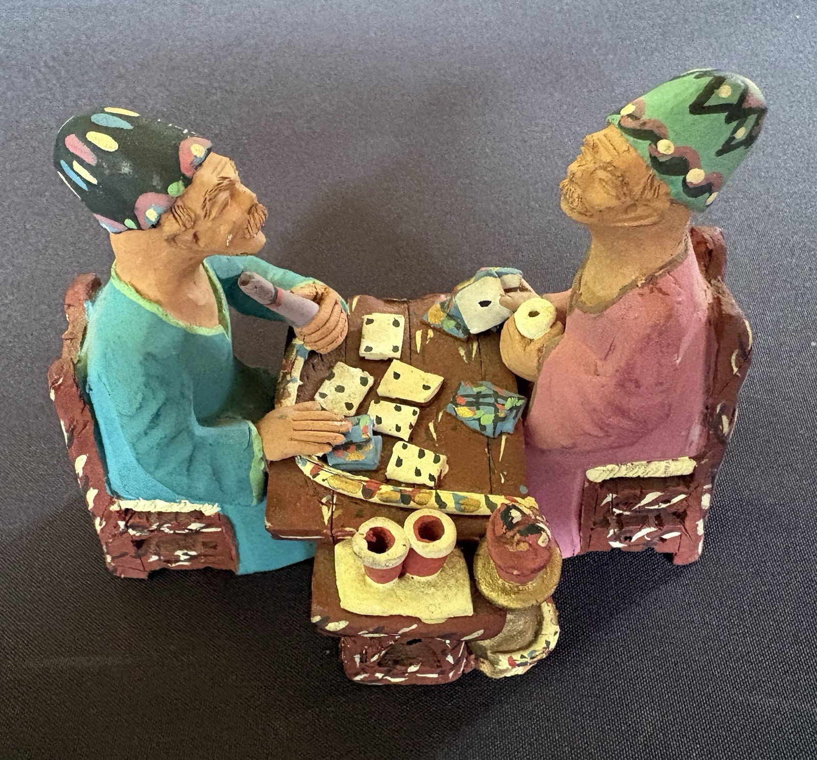 Vintage Clay Folk Art Poker Card Players Sitting at Table Hand-Made