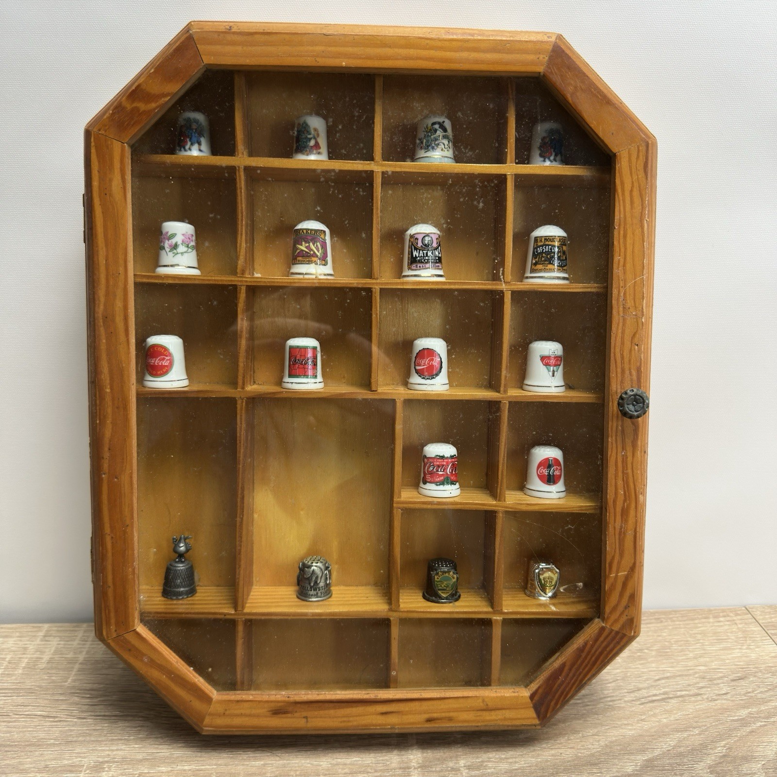 Vintage Wooden Thimble Display Case Shadow Box 18 Thimbles Lot Coca Cola Coke
