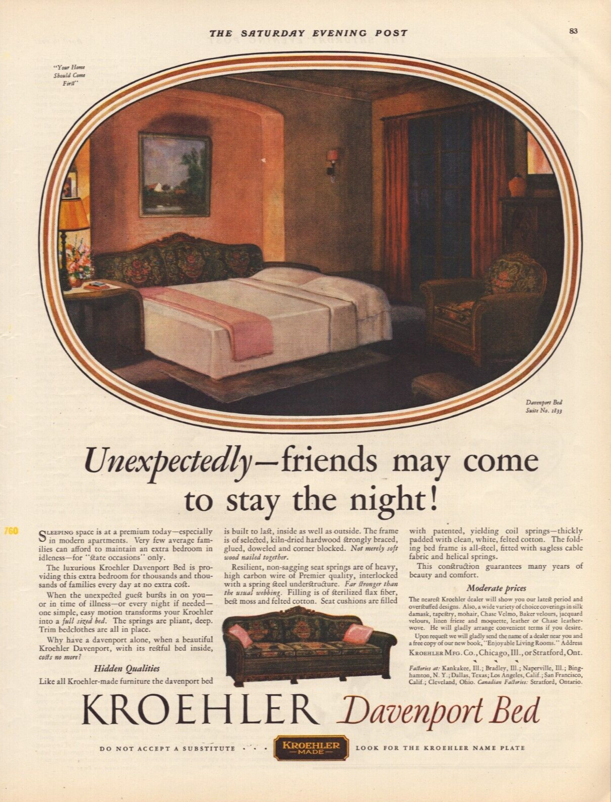1927 Kroehler Davenport Bed Couch Sofa Unexpected Guests  - Vintage Print Ad