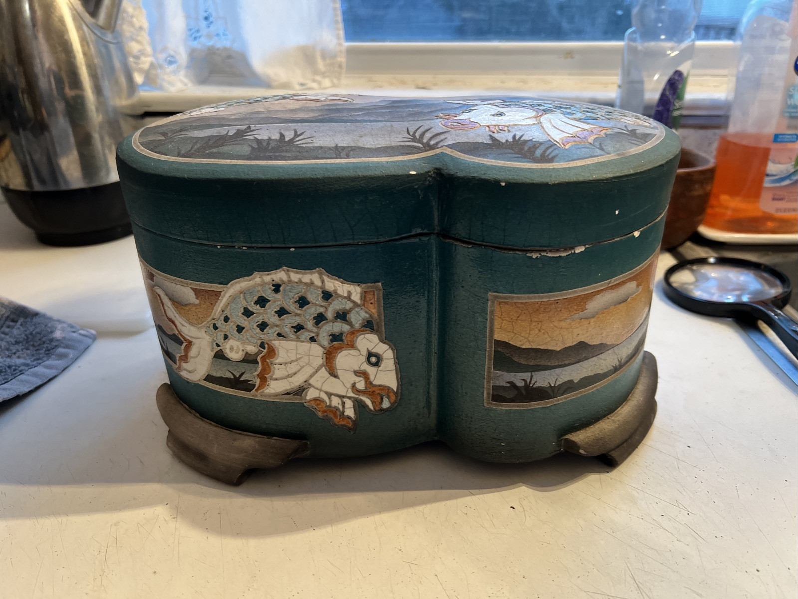 Vintage Box Asian Ceramic Hand Painted Koi 11”x 7” X 6”