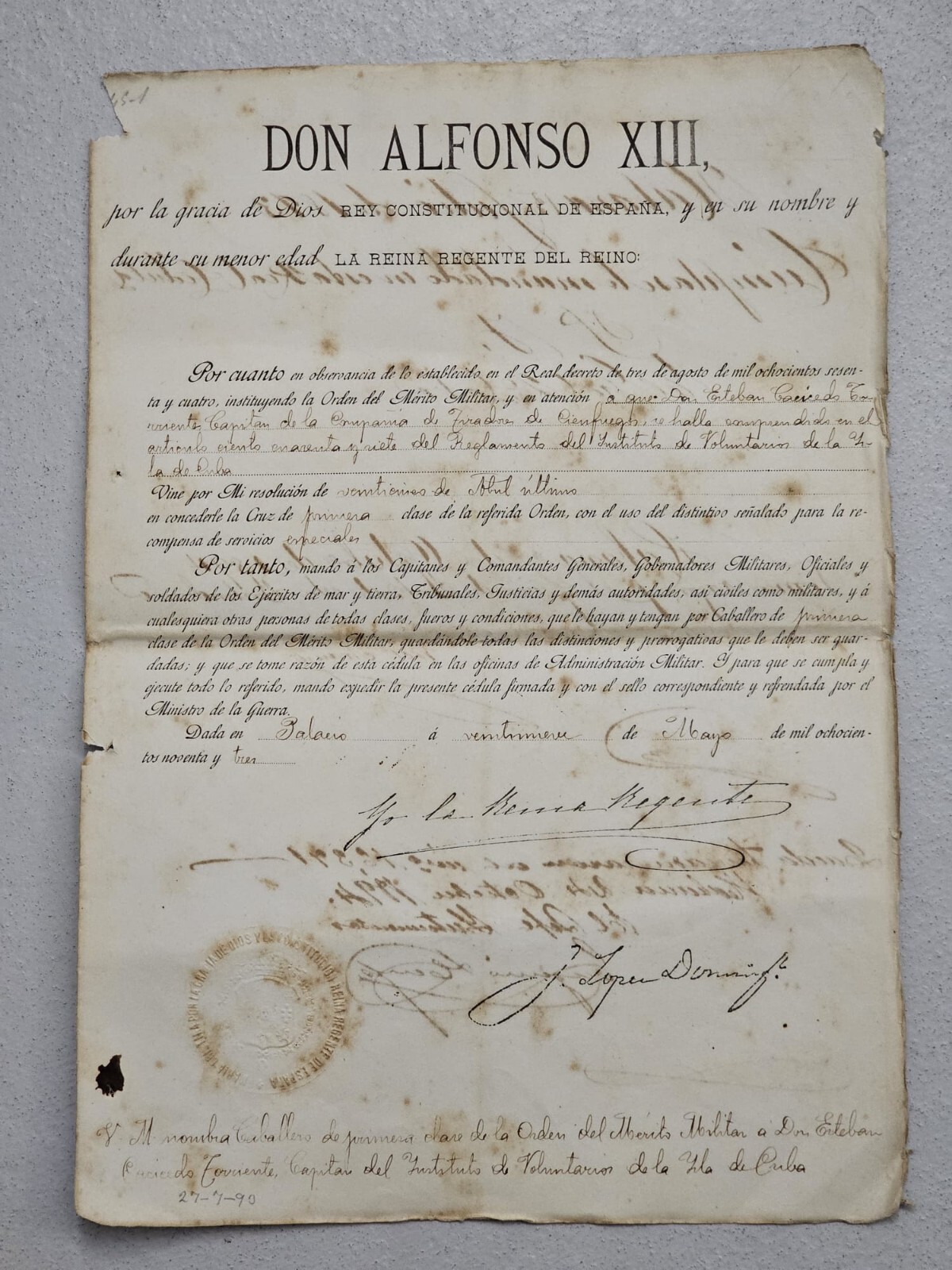 DON ALFONSO XIII Spain Signed Yo la Reina Regente SIGNED MEDAL MERIT ORDER 1893