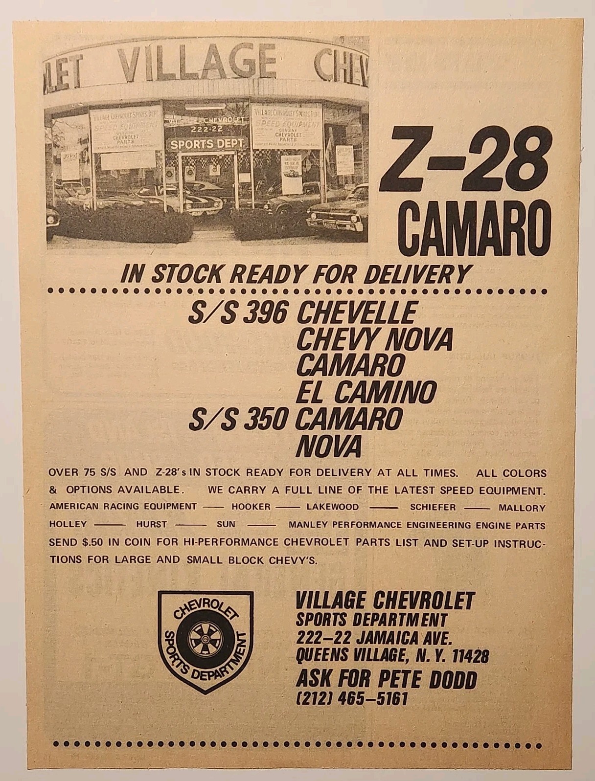 1969 Village Chevrolet Dealer Camaro Z28 Chevelle 396 Print Ad Queens Village NY