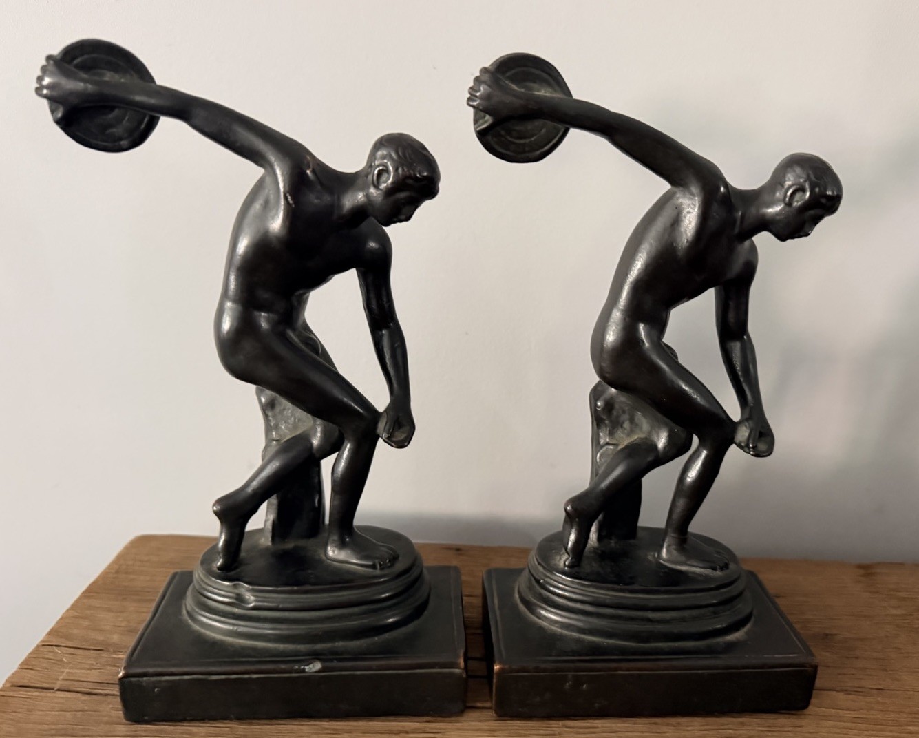 PB Co Disc Thrower” Art Deco bookends. Produced by the Pompeian Bronze Co.