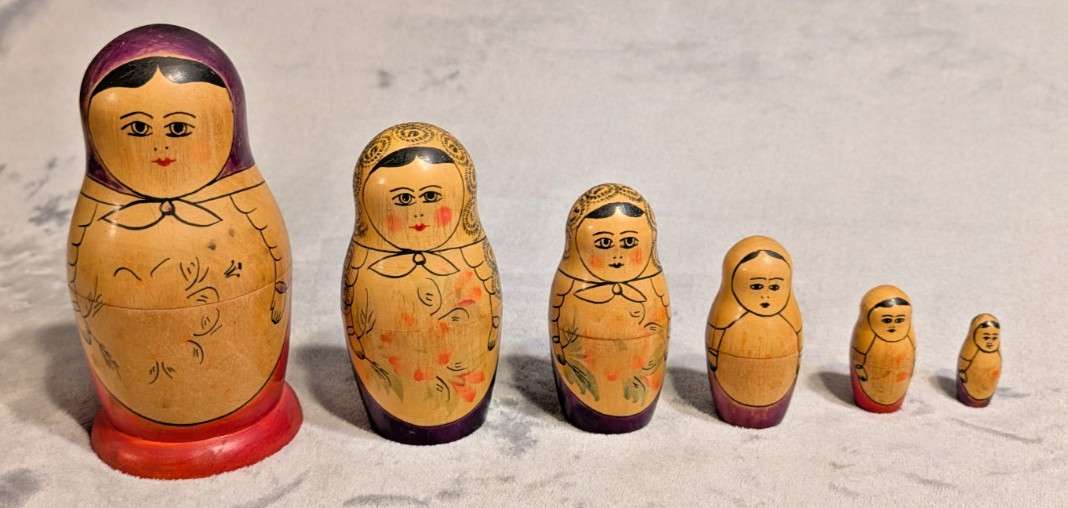 Vintage 1966 Russian Matryoshka Nesting Dolls Set of 6 Wooden Hand Painted 7.25\