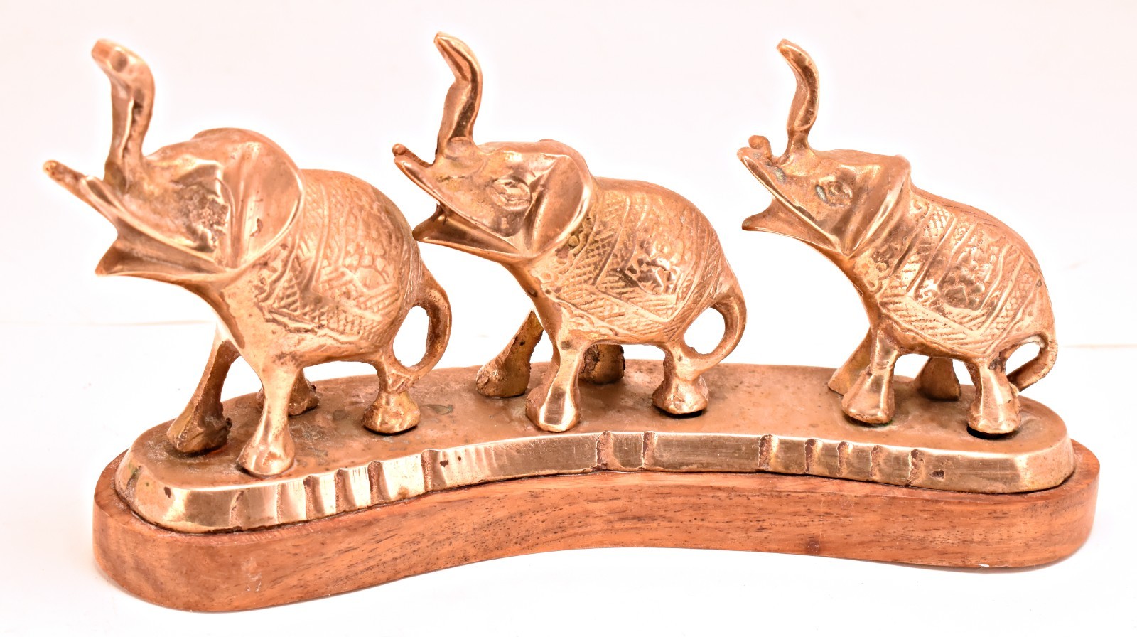 Vintage Brass 3 Elephants Trunks Up Sculpture Wood Base India Figurine Decor