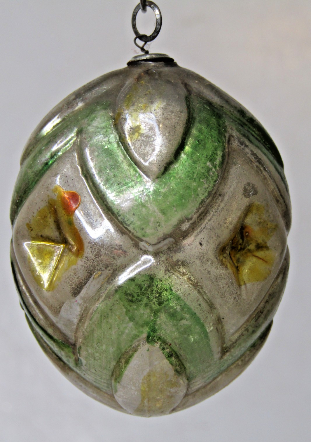 VTG Glass Quadruple Indent LEAF Embossed DROP Kugel Christmas Ornament Japan GRN