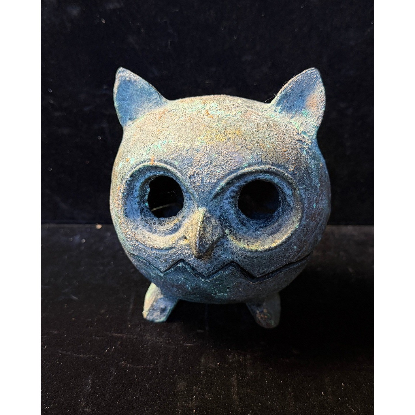 Vintage Japanese Cast Iron Owl Incense Burner, Verdigris Patina, Koro Statue Vintage Japanese Cast Iron Owl Incense Burner, Verdigris Patina, Koro Statue