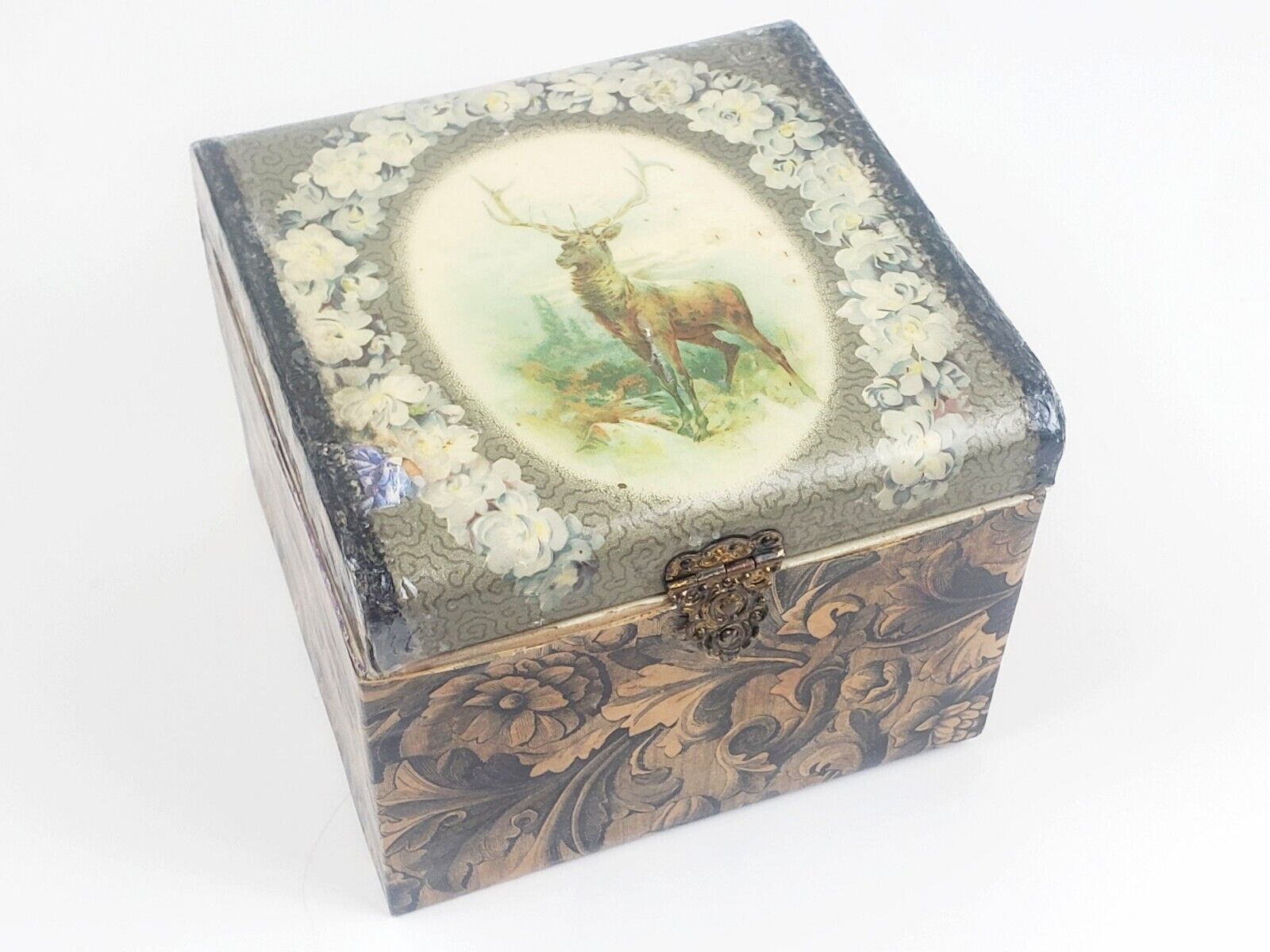 Antique Victorian Celluloid Collar Box with Stag/Deer-Dresser Box Vanity
