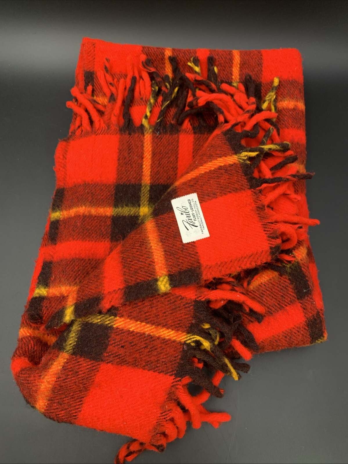 Vintage 1970s Faribo Woolen Blanket Fluff-Loomed Red Plaid Fringed 54\