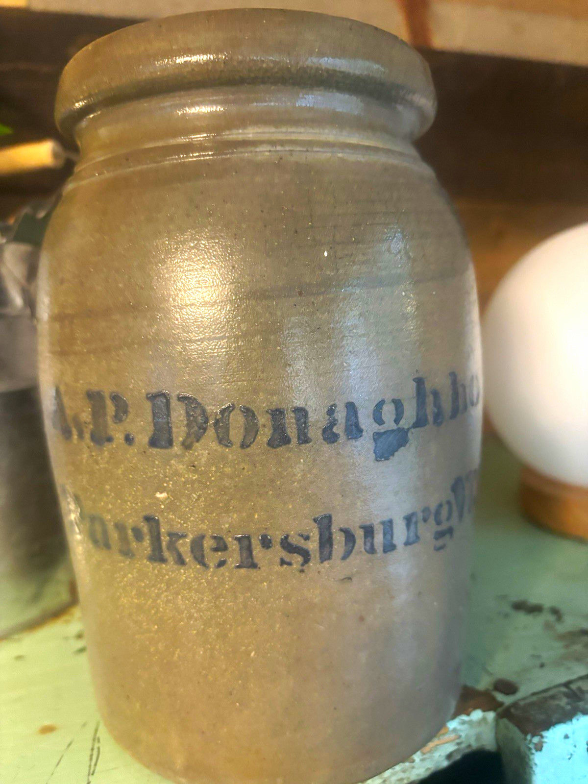 Vintage AP Donaghho Stoneware Crock Canister Jar w/ Lid, Embossed Lettering