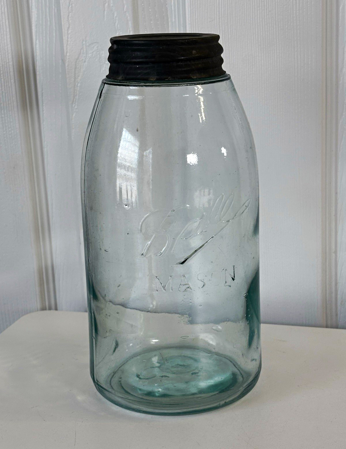 Antique Ball Mason Jar Triple L Aqua Half Gallon Zinc Lid c1900-1910