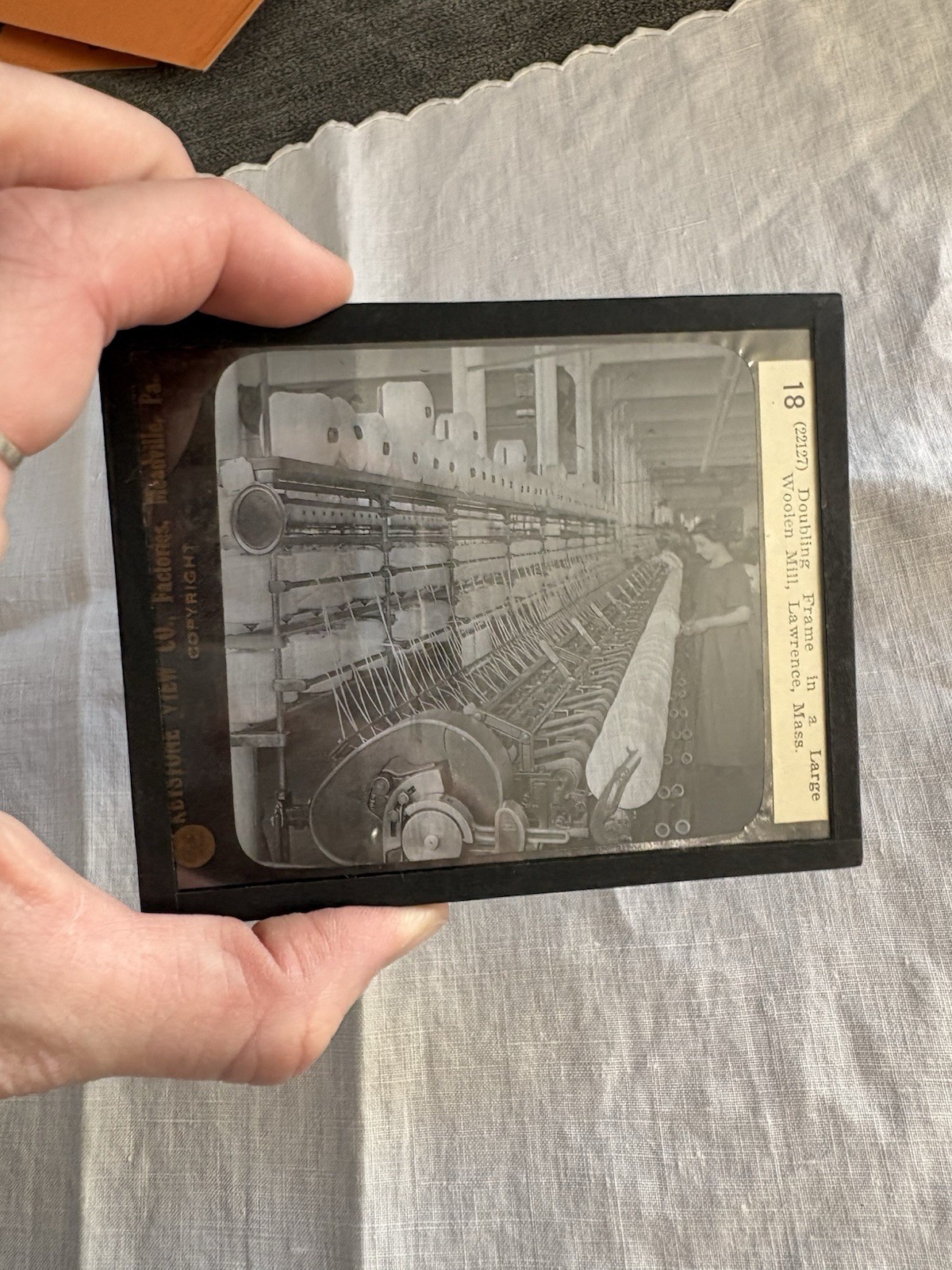 Magic Lantern GLASS Ephemera Doubling Frame in Wooden Mill, Lawrence, Mass