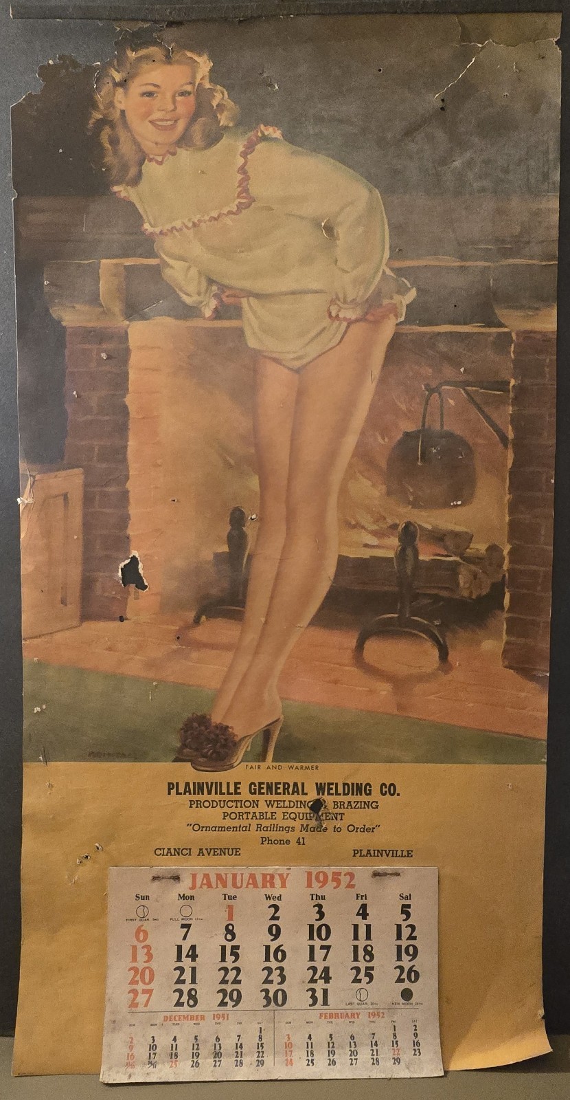 Vintage 1952 Pinup Calendar Girl By Fireplace Plainville, CT Good Cond Used