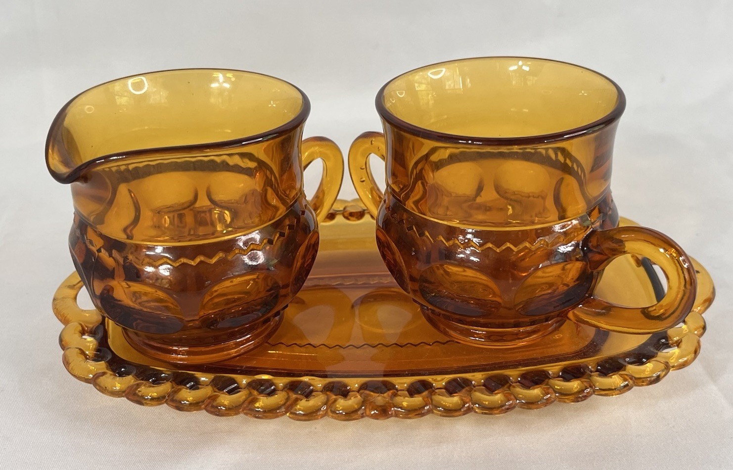3 Pc Set Vtg Indiana Glass KINGS CROWN THUMBPRINT SUGAR CREAMER TRAY Amber