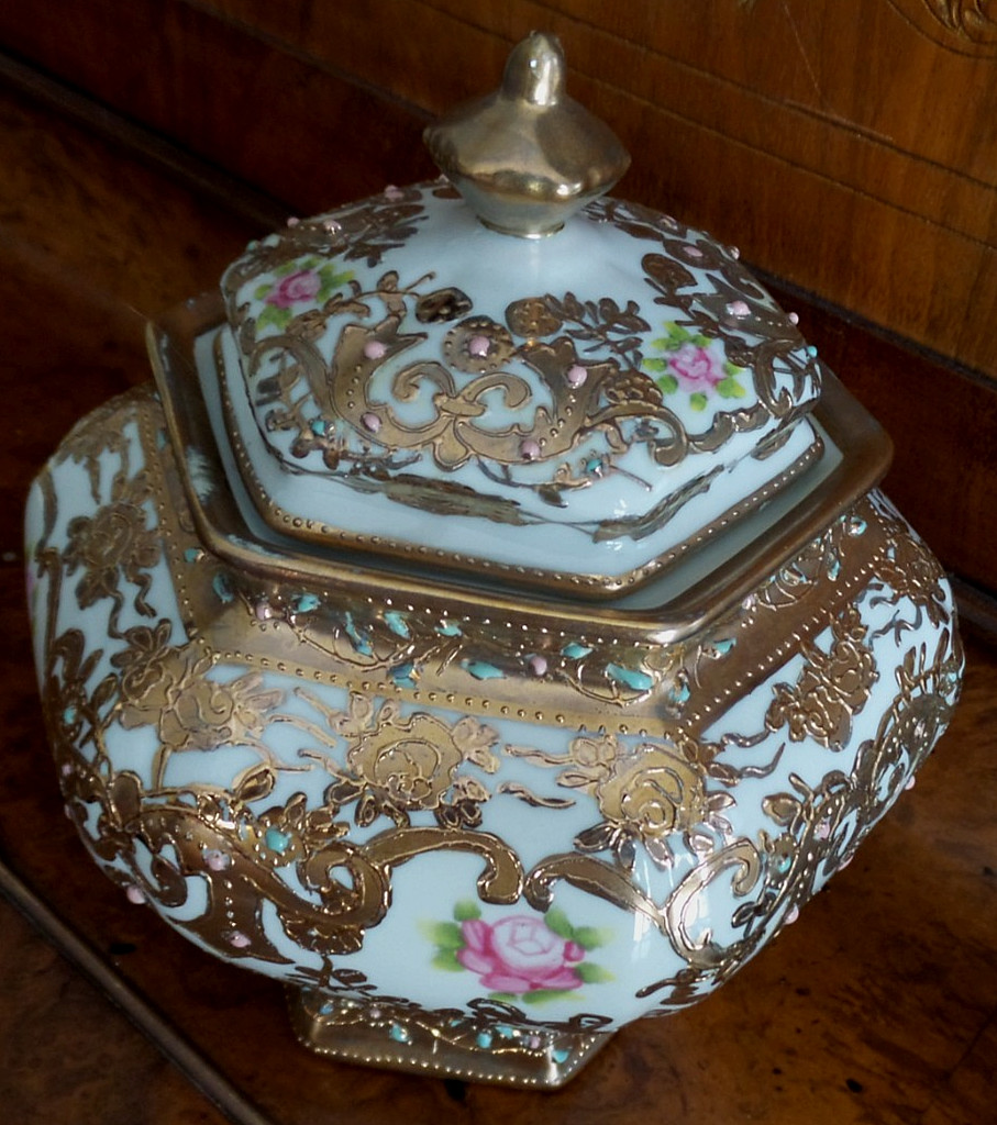 Antique Nippon Hand Painted Porcelain Biscuit Jar with Moriage 6 sided
