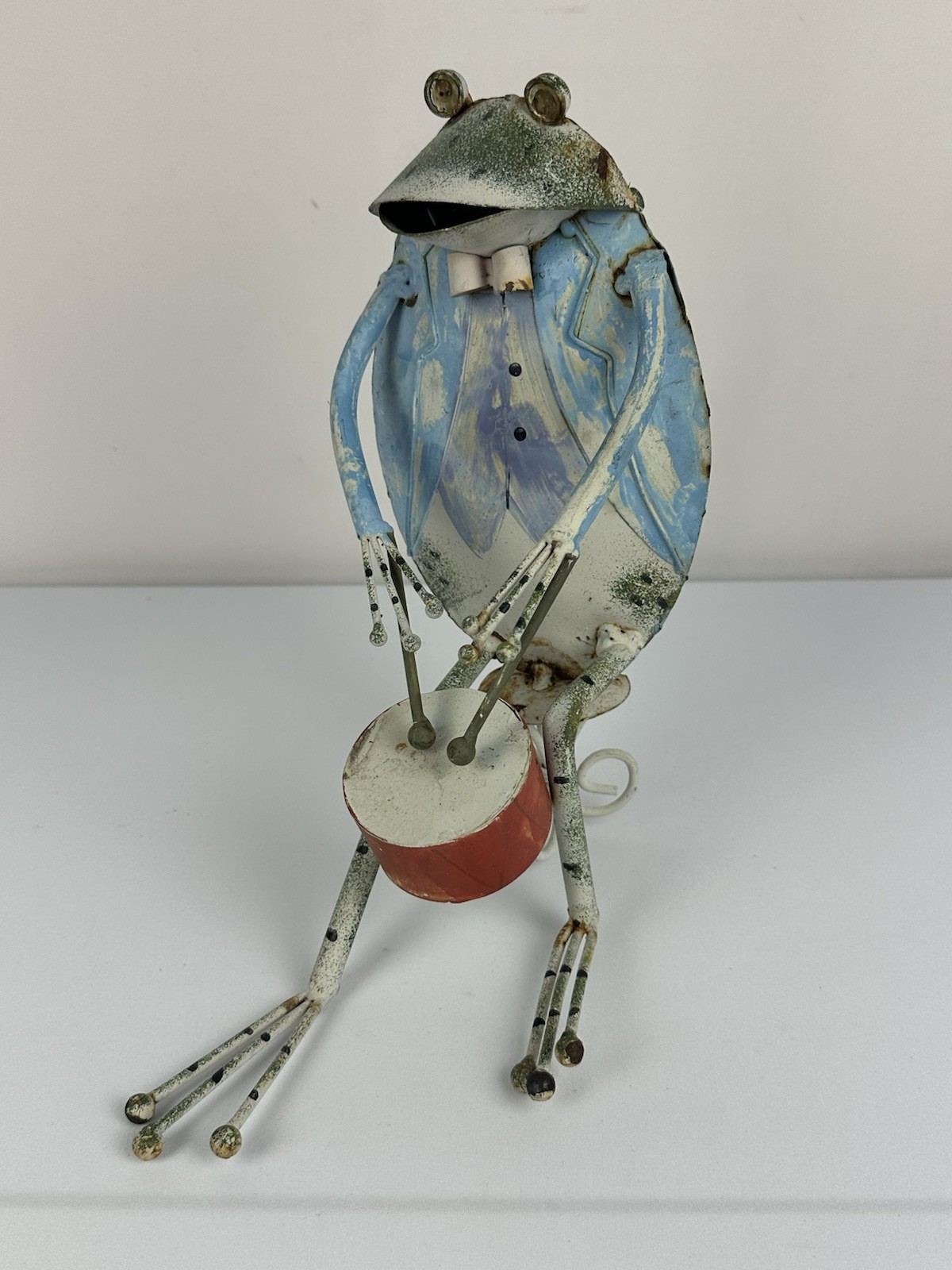 Whimsical Metal Art Sculpture Frog Playing a Drum Jazz Band  11 1/2\