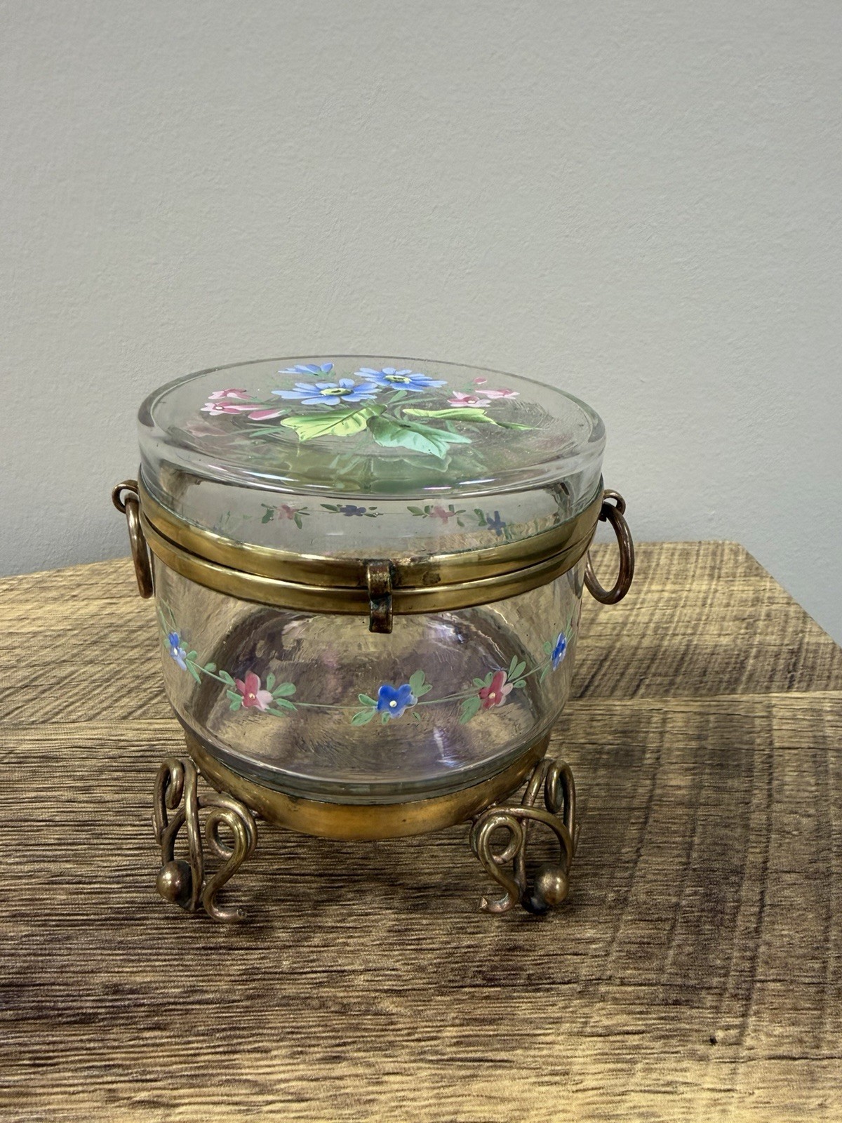 Antique Victorian Enameled Glass Dresser Box Brass Footed Jewelry Casket C.1890