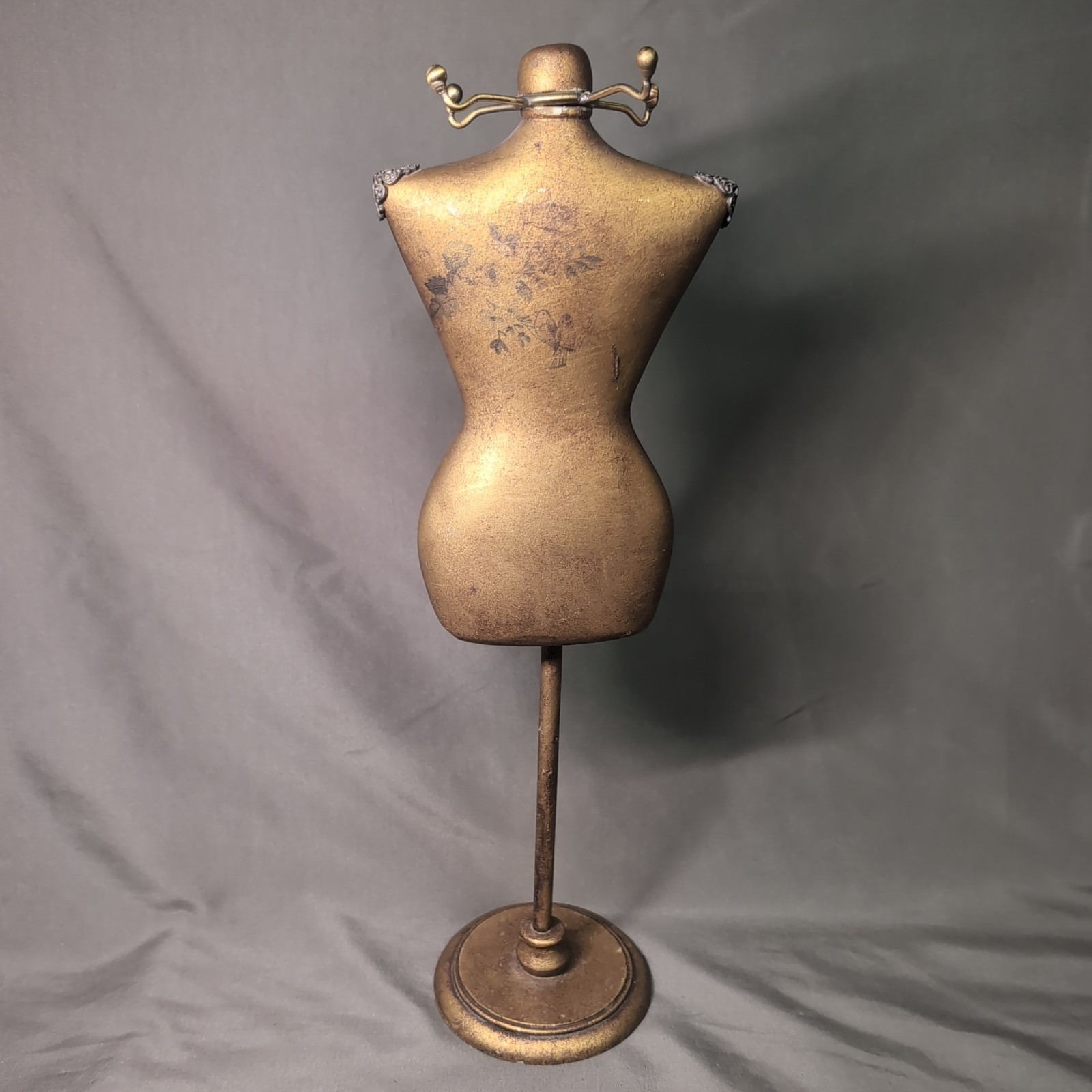 Vintage 15 inch Metal Mannequin Gold toned decorative figure floral/bird design.