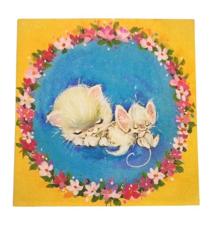 Vintage 70s American Greetings Blank Greeting Card Sleeping Kitten Cat Mouse