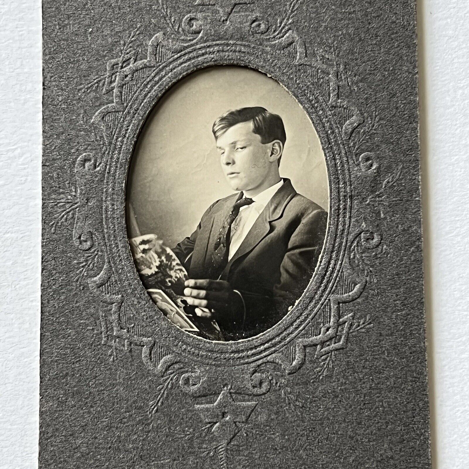 Antique Mounted Photograph Young Man Reading Book With Woman On Cover