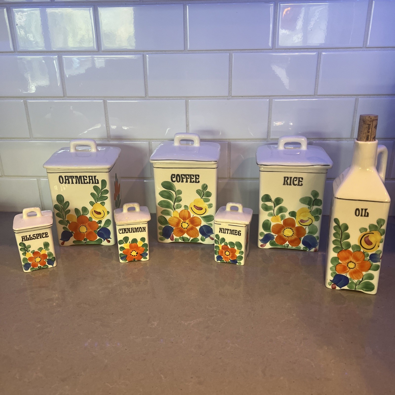 Vtg~TBICO Czechoslovakia Hand Painted Ceramic Canister set rice coffee oatmeal.+