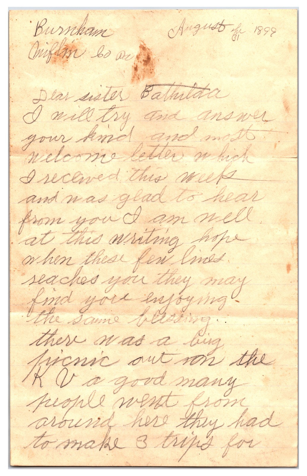 Vintage 1899 Handwritten Letter Between Friends 2 Pages ( From Pennsylvania ) Vintage 1899 Handwritten Letter Between Friends 2 Pages ( From Pennsylvania )