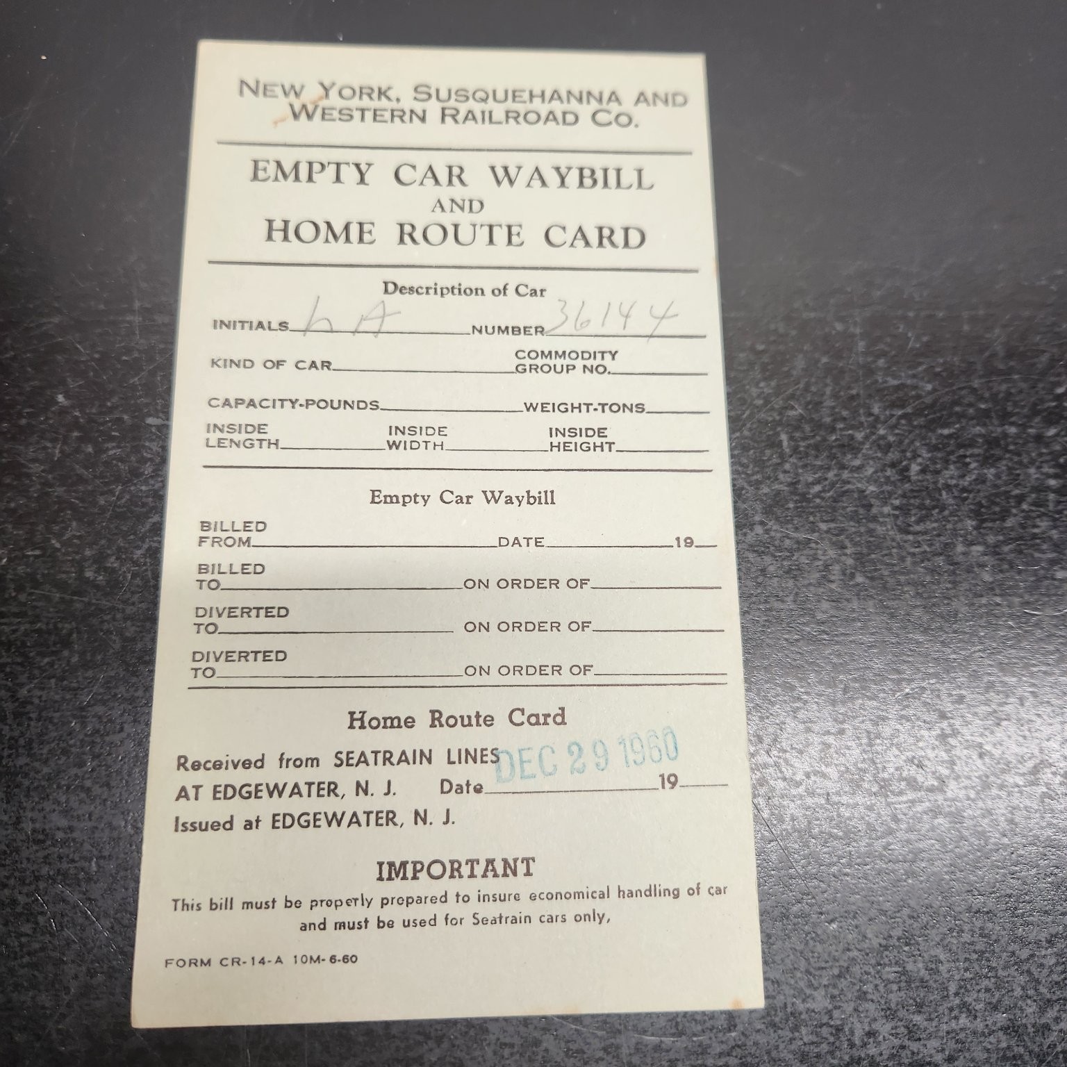 Nys&w Railroad Empty Car Waybill Home Route Card Edgewater NJ 1960s Ephemera