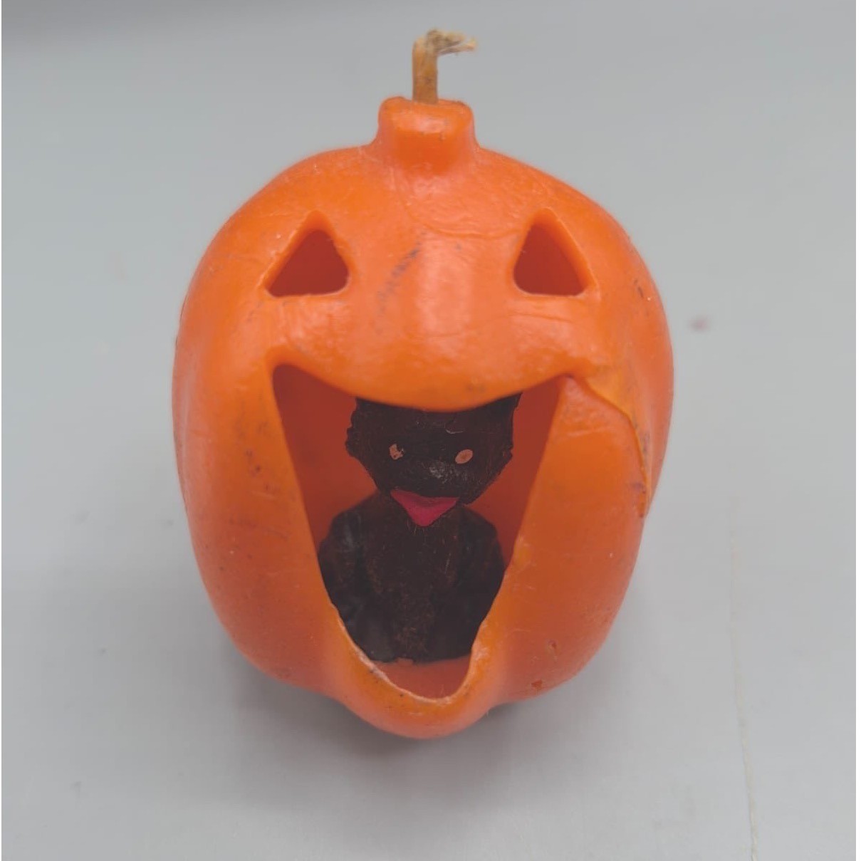 Vtg Gurley Halloween Pumpkin Jack-O-Lantern Candle Black Cat Inside 1940s JOL
