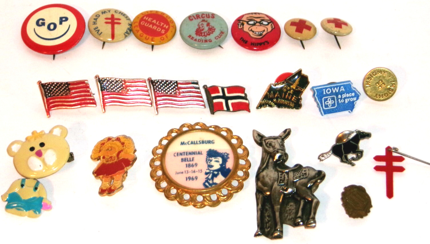 1940s - 1980s Big Lot of Vintage Tiny Pinbacks, Buttons Red Cross, GOP, Hippy\'s