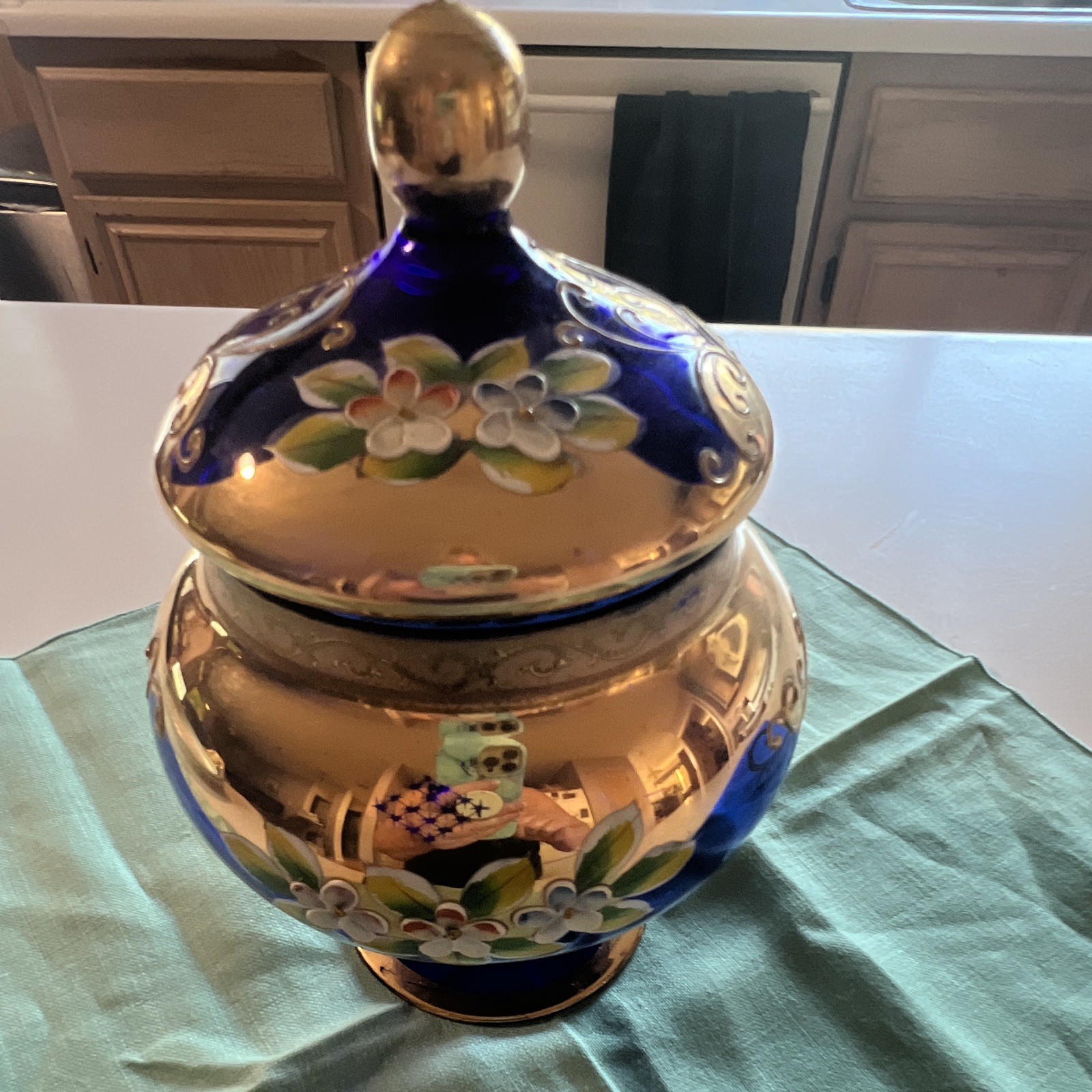 Vintage Lefton Cobalt Blue Glass Lidded Candy Dish Jar Gold Gilt Floral Sticker