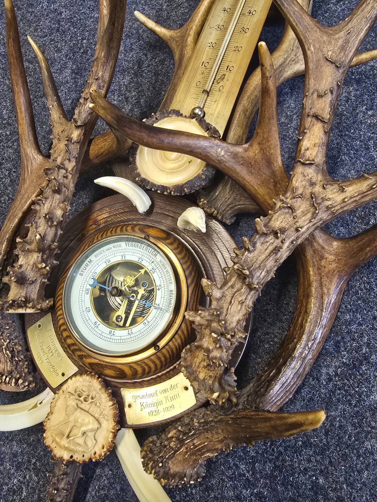 Large Black Forest Weather Station with deer antlers from the year 1929