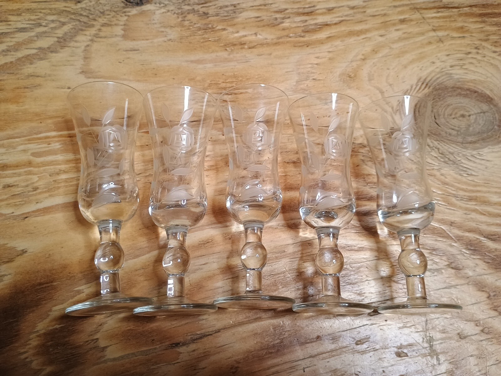 5 Vintage JAVIT Hand-Etched Crystal Rose Sherry Port Cordial Stemmed Glass 5 Vintage JAVIT Hand-Etched Crystal Rose Sherry Port Cordial Stemmed Glass