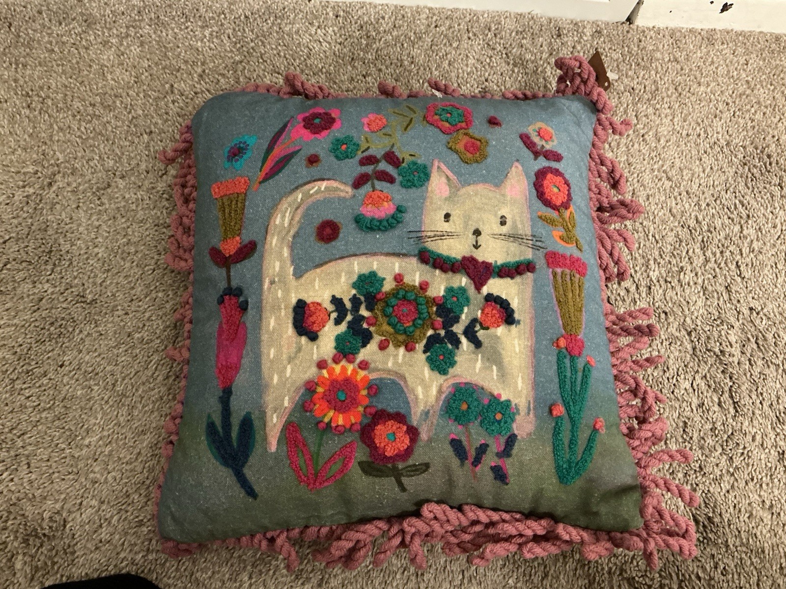 Natural Life Floral Cat Decorative Throw Pillow with Fringe Trim